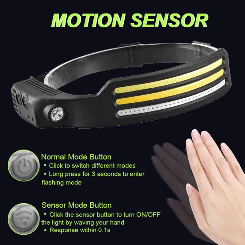Portable COB Headlamp Sensor LED Head Flashlight Rechargeable Red and White Yellow Light Modes Outdoor Fishing Camping Lantern