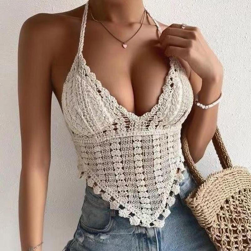 Pure Sexy Knitted Hollow-out Solid CAMI Back Strap Bohemian Style Inner wear Fashion Top Women