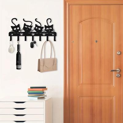 Save Space Nordic Black Cat Wall Hook Black Iron Cartoon Cat Coat Hook Decorative Hooks 7 Hooks Clothes Storage Rack Household