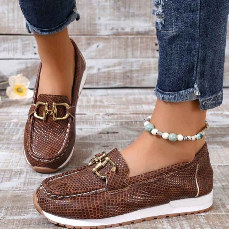 European and American Large-size Loafers Women's Spring New Round Head Metal Buckle Comfortable Foot Shoes Women's Shoes