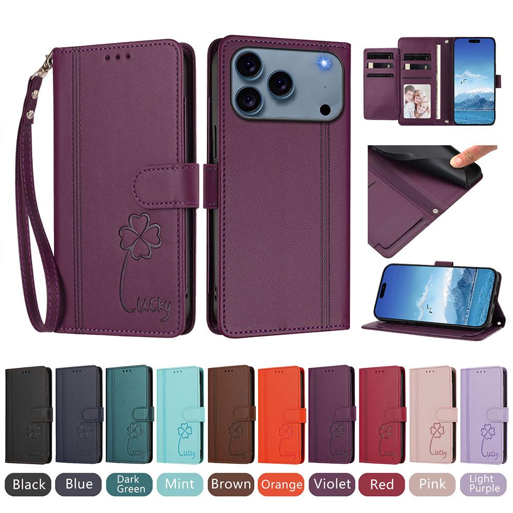Leather Card Holder Case For Samsung Galaxy S26 Edge S25 Ultra S24 Plus S23 FE S22 Flip Book Wallet Protect Phone Cover Strap
