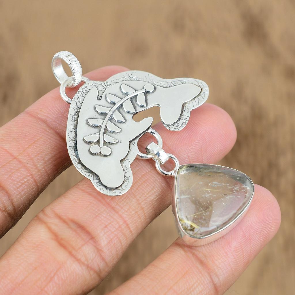 Womens Day Deal Sterling Silver Golden Rutile Gemstone Wife Fish Pendant Jewelry