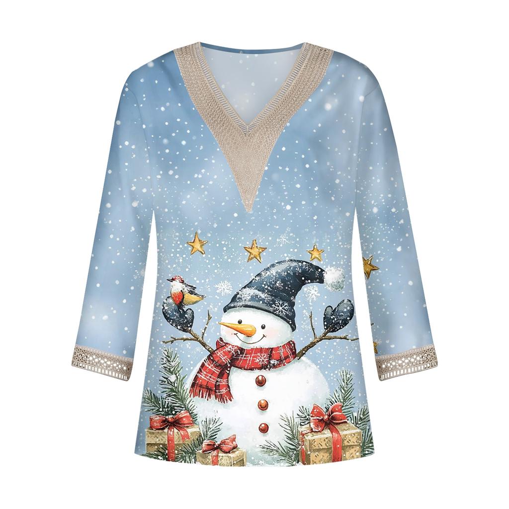 Women's Loose Casual Three-quarter Sleeve V-neck Lace Loose Christmas Print T-shirt Top