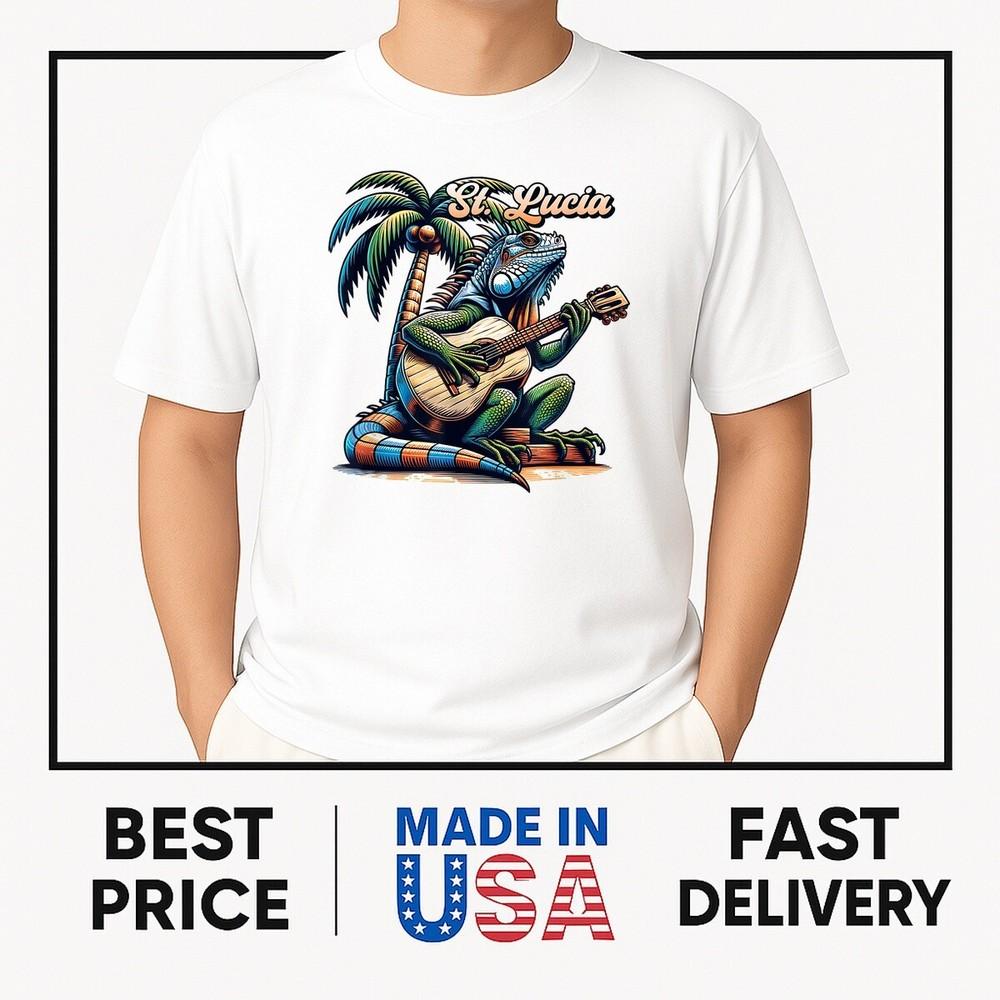 St. Lucia Iguana Playing Guitar Under A Palm Tree T-Shirt ON TREND Unisex T-Shirt S