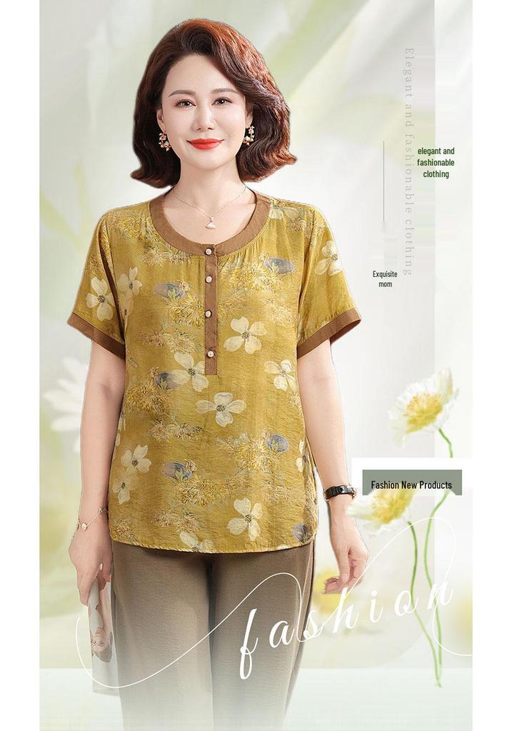 Stylish Plus Size Summer Two-Piece Set for Mid-Aged & Elderly Women - Short-Sleeved Loose Fit