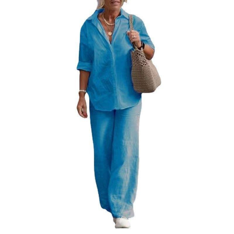 Lapel Long sleeve Shirts Spring and Autumn Leisure Solid Color Pants Wide Leg Suit Casual Top and Pants Set