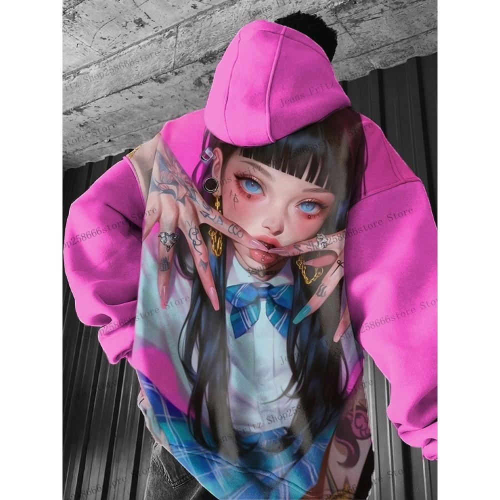 Anime Girl Back Pattern Sweatshirt Casual Long Sleeve Hooded Pullover 3D Printing Women Top Fashion Oversized Men's Hoodies