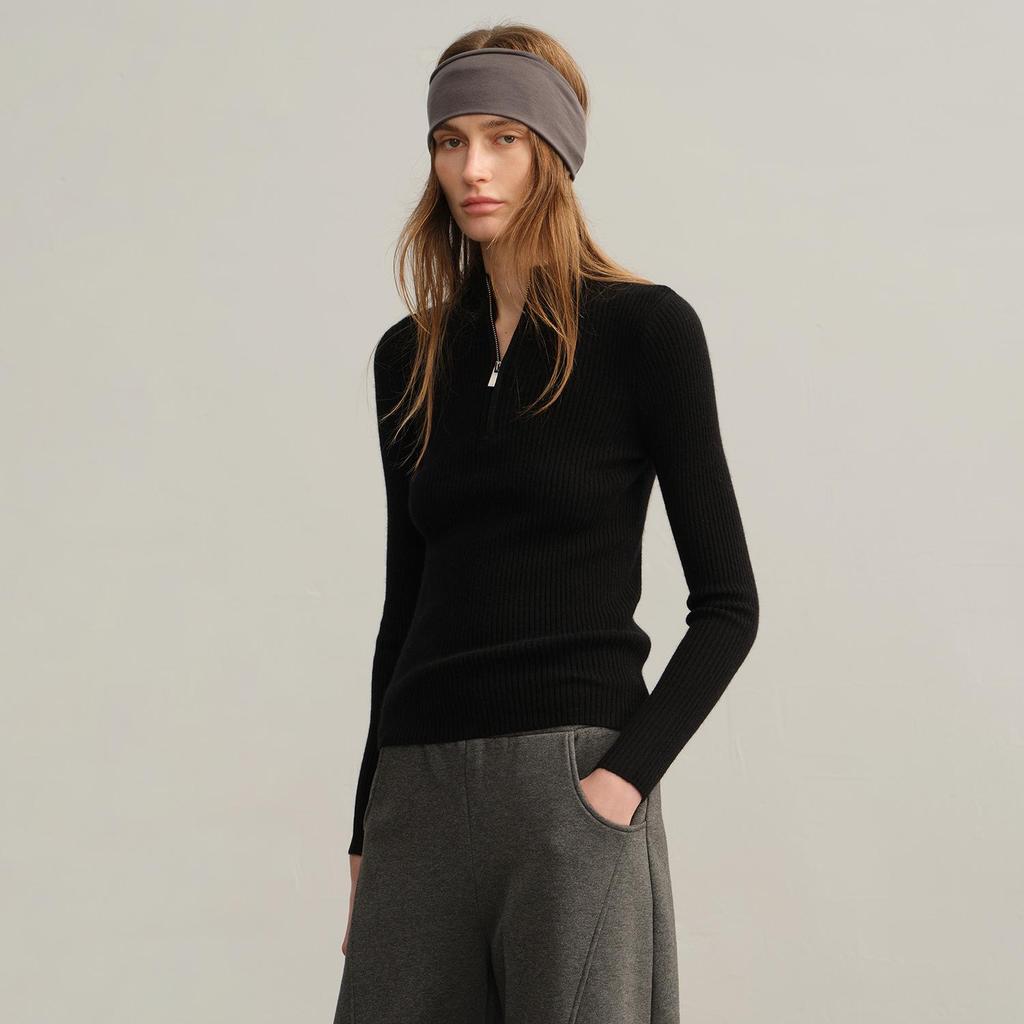 Women's Half-Zip Slim-Fit Cashmere Sweater - Half-High Collar, Warm Knitwear for Autumn & Winter