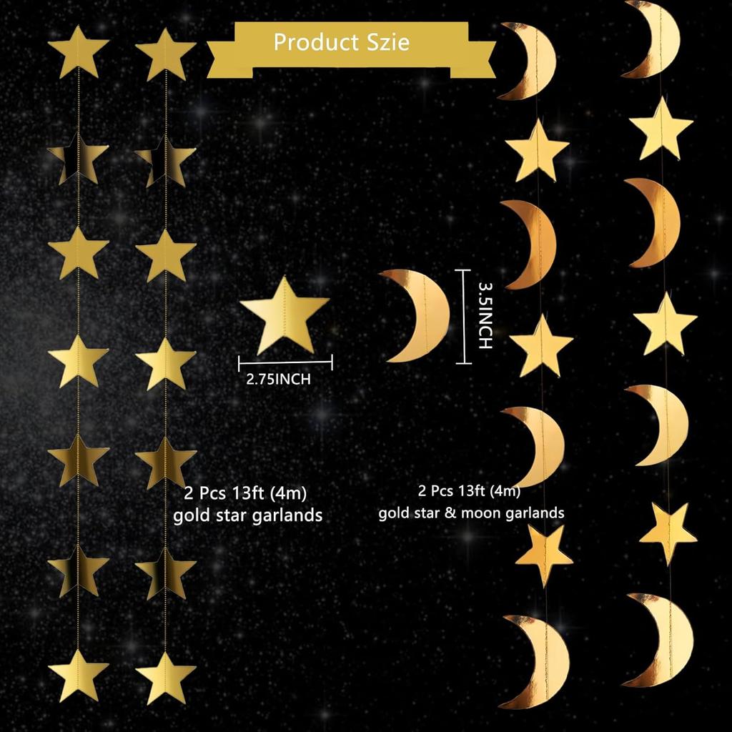 Gold Moon and Stars Decor Star Garland Decorations Hanging Twinkle Little Star Birthday Baby Shower Graduation Starry Night EID Ramadan Muburak
