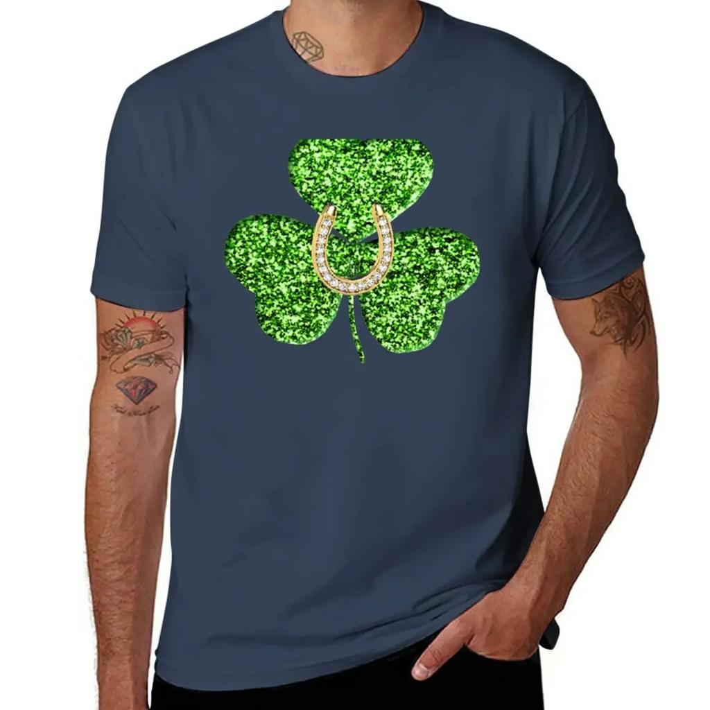Faux Green Glitter Shamrock With A Horseshoe T-Shirt Aesthetic clothing cute tops black t-shirts for men