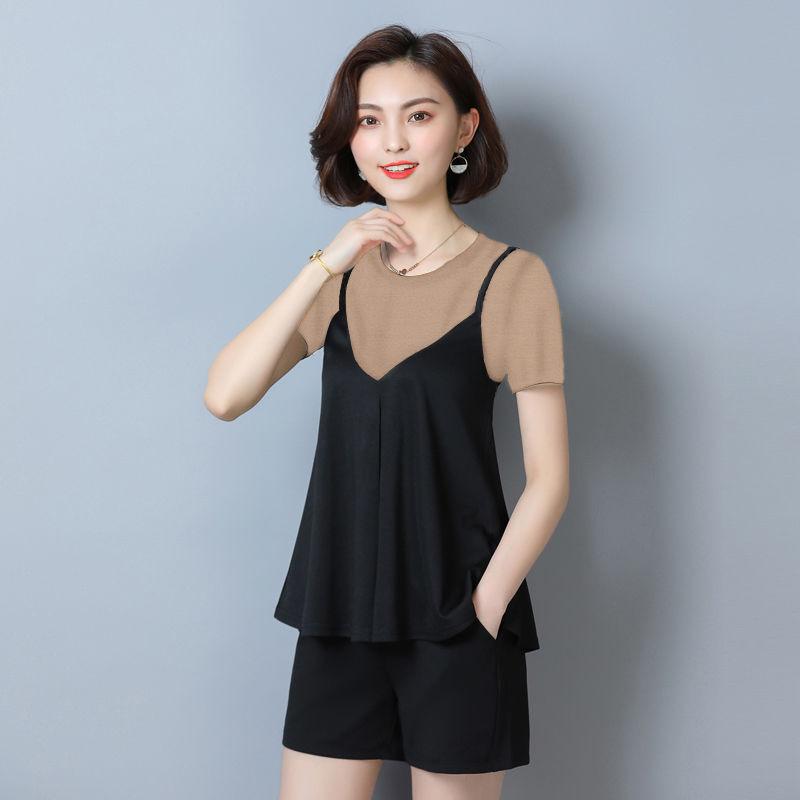 Summer Trend Striped T Short-sleeved Plus Size Women's Fat Mm Belly-covering Fashion Loose Shorts Two-piece Set