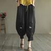 Women Pants Elastic Waist Pocket Lace Patchwork Flower Embroidery Daily Wear Solid Color Plus Size Mid-calf Length Ninth Pants Female Clothes