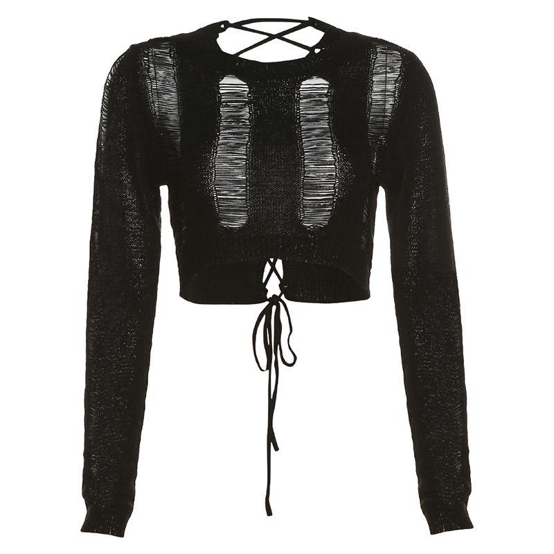 

Weird Puss Strap Sexy Knitted Blouse Black S