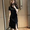 French Skirt Women's New Summer Dress Summer New Purple Short-sleeved Split Fork Medium and Long