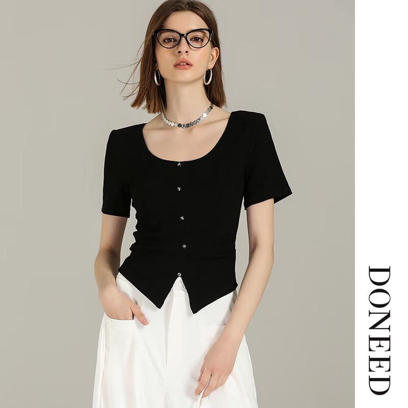 DONEED Women's Slim-Fit Solid Color Knitted Crew Neck T-Shirt