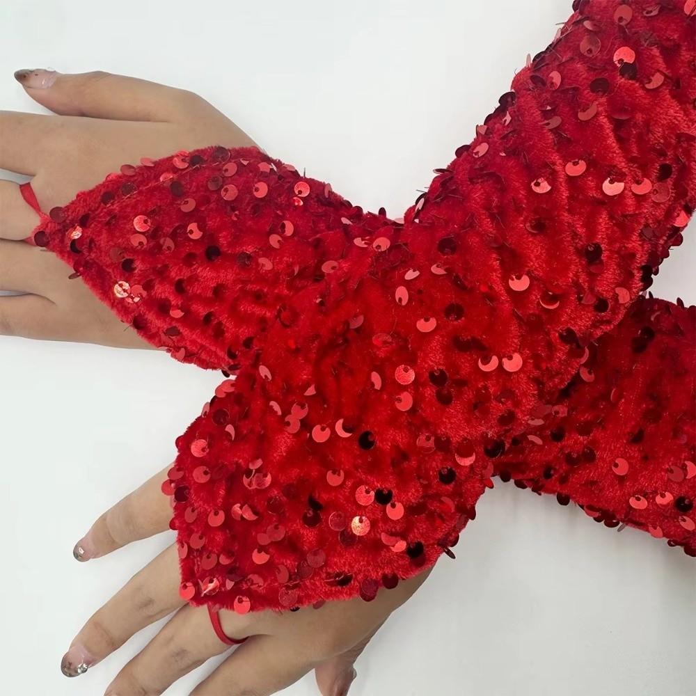 Fuzzy Hook Finger Exposed Finger Glove Red Clothing Performance Glove  Christmas Gifts