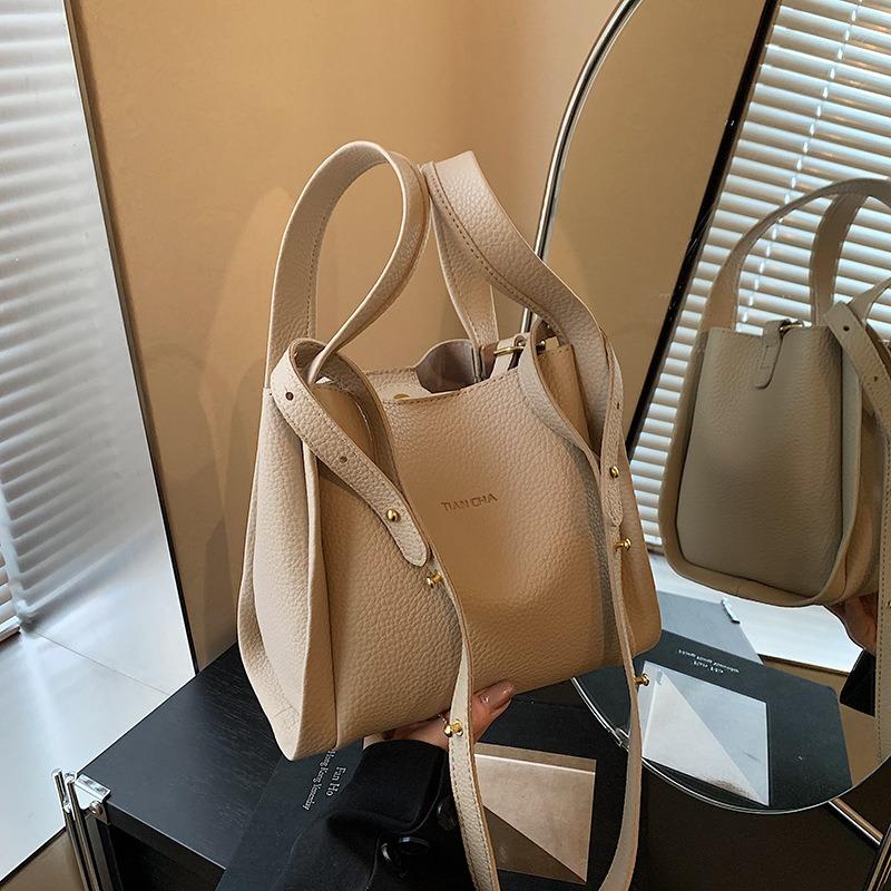 Lychee Pattern Letter Bucket Bag New High-end Bag Women's Simple Shoulder Portable Vegetable Basket Bag