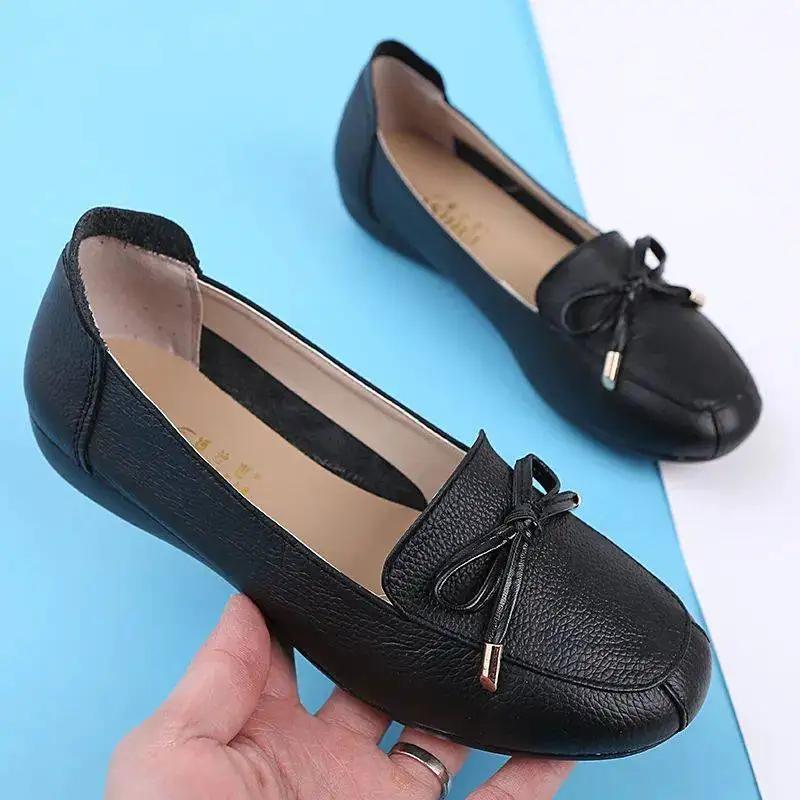 Fashion Round Toe Bow Flat Shoes Woman  Autumn Mother Breathable Comfortable Soft Leather Casual Shoes Zapatillas Mujer