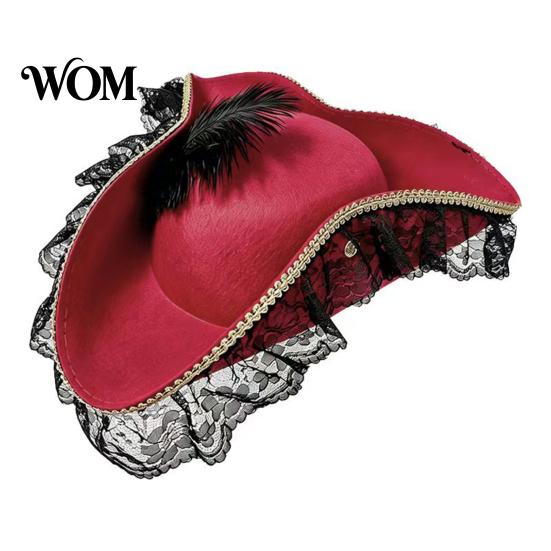 Accessorio Costume da Capitano Cappello Pirata di Halloween, Accessorio, con Pizzo Bordo Borgogna Cappello Retrò e Decorazione Piumata, Leggero Stile Vintage Berretto da Bucaniere