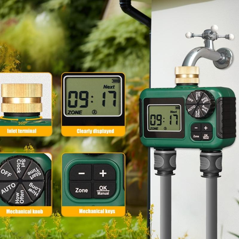 Robust Vattentät Dubbelzons Trädgårdsvattningstimer Mässingsinlopp Automatisk Sprinklerkontroller Med LCD-skärm