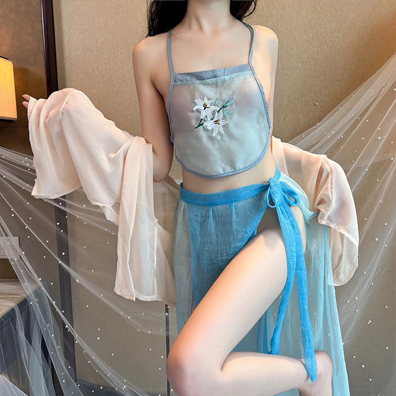 Sex Underwear Women's Republic of China Style Suit Retro Hanfu Perspective Classical Belly Pocket Four-piece Cosplay Sexy
