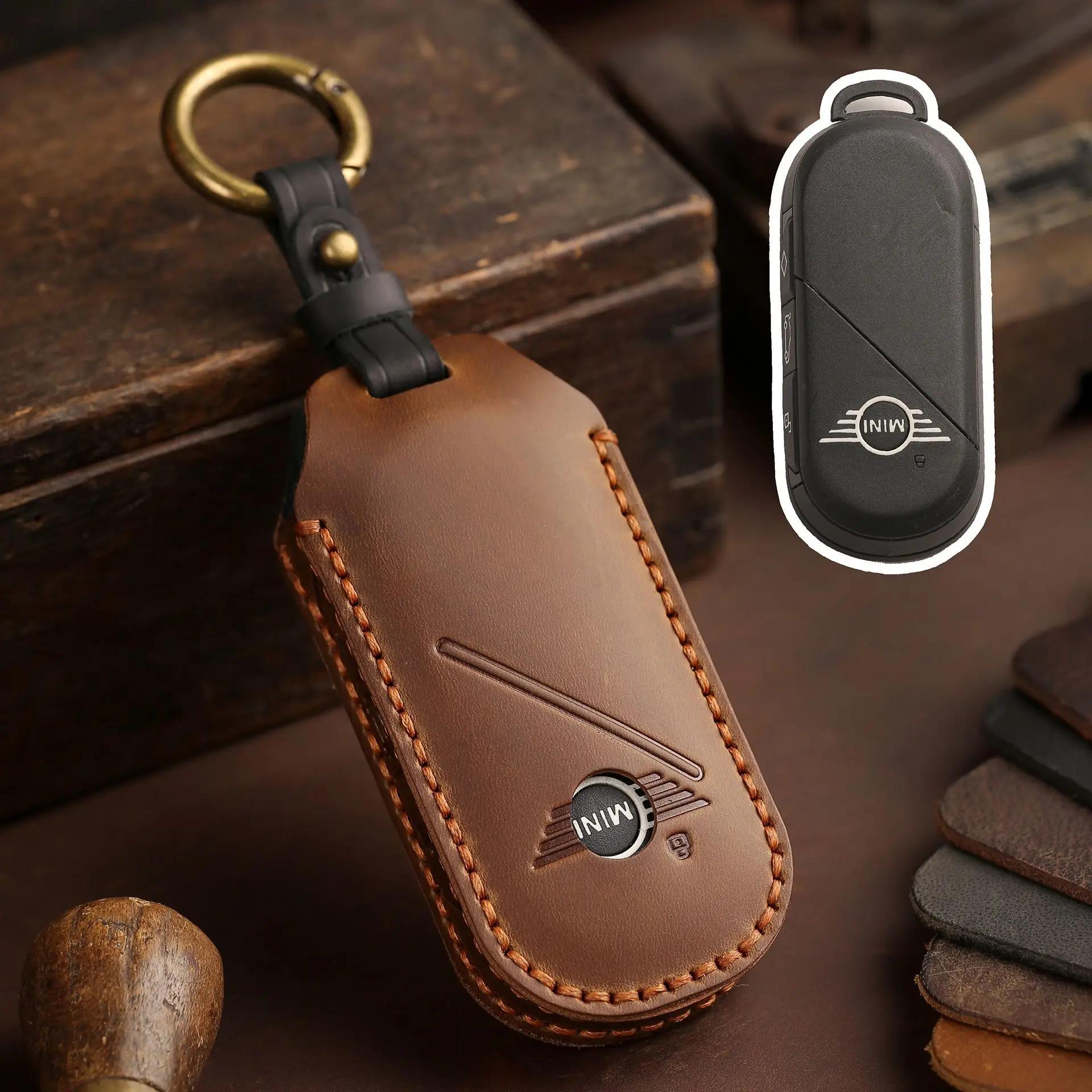 

Leather Car Fob Key Case Cover Protector for Bmw Mini Countryman Cooper One 2023 2024 Remote Accessories Holder Shell Keychain коричневый