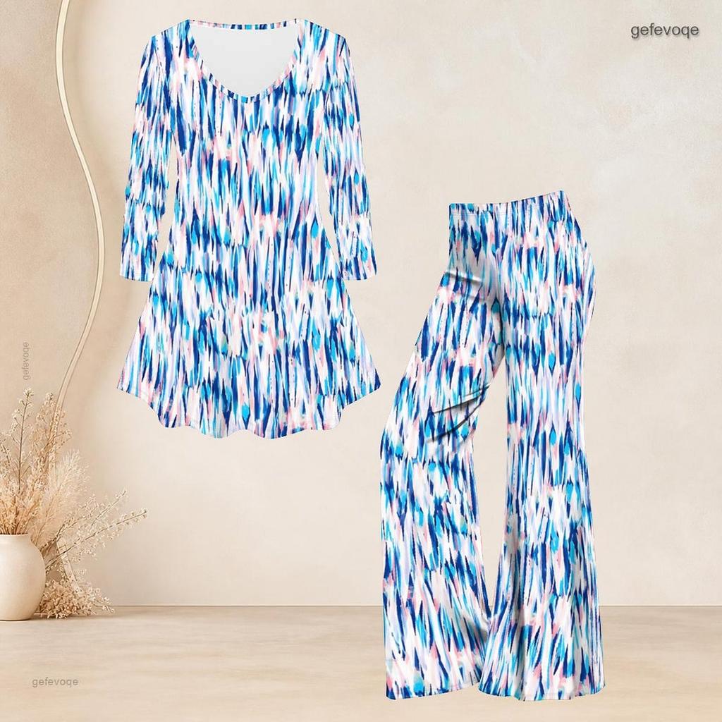 Women Plus Size V Neck Three Quarter Sleeve Blue Pink White Printed Flared Top And Flared Pants Two Piece Set