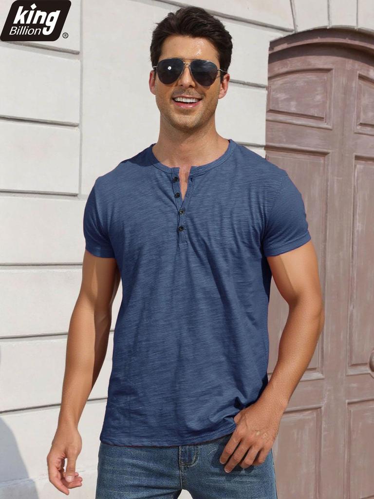 Men's Cotton T-shirt Fashion Button Design Breathable Solid Color Short-sleeved Henley Neck Tops Slim Fit Cozy Male Casual Tees