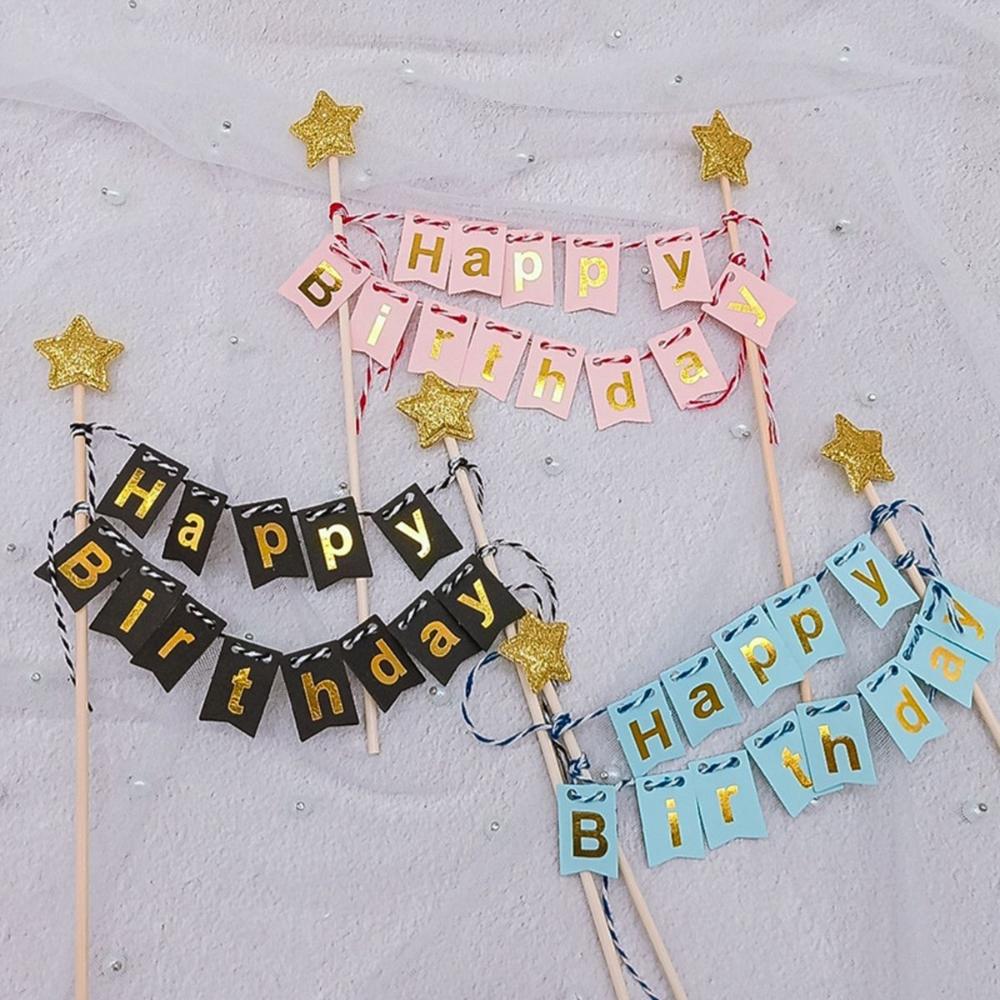 Shower Stars Gold Bunting Happy Birthday Cake Flags Baking Decoration Cake Topper Party Supplies