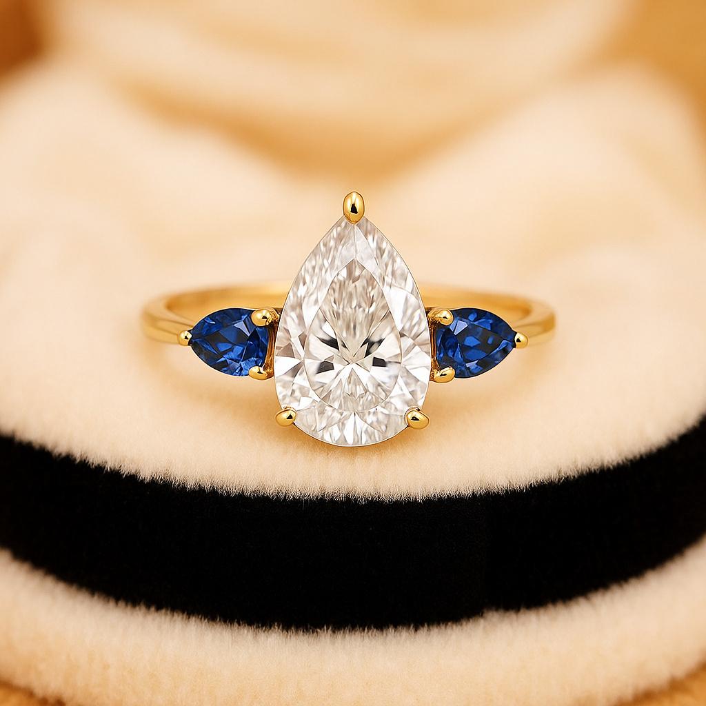 Pear Moissanite Engagement Ring in Yellow Gold Plated – Three Stone Prong Setting Bridal Ring, Pear Cut Anniversary Ring, Promise Gift for Her