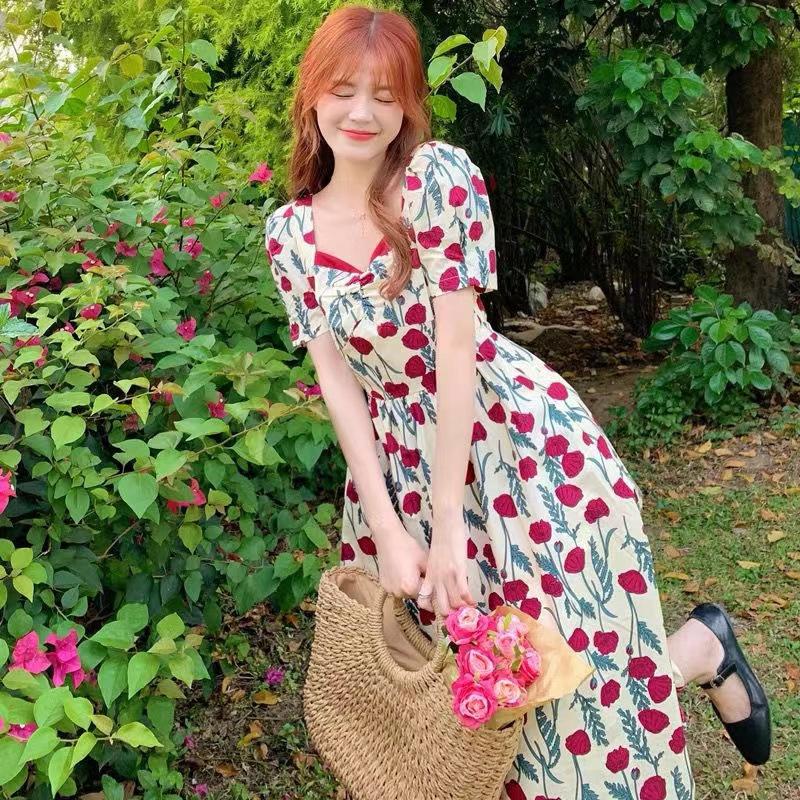 Sophisticated temperament lady vacation style going out dating dress women's summer square collar waist thin medium and long dress