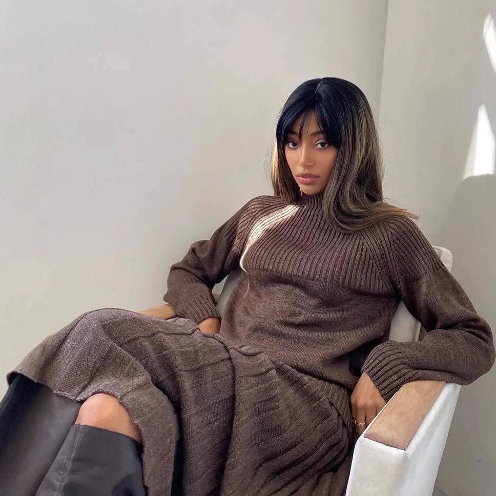 Women's 2025 Autumn Fashion: European & American Style Loose Knit Sweater Dress with Half-High Collar