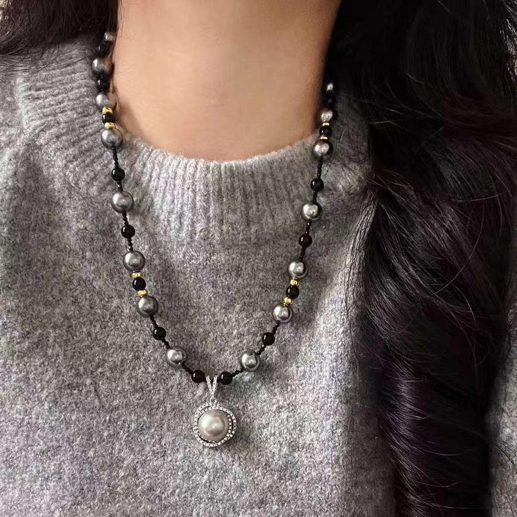 Design Highlight Dark Night Black Artificial Crystal Pearl Natural Black Agate Collarbone Chain Necklace Pendant