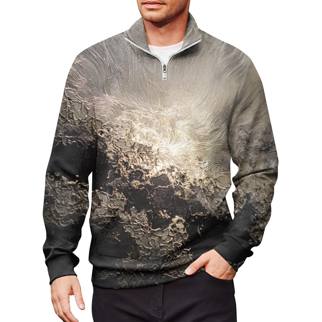 Men's Loose Casual 1/4 Zip Sweatshirt Fashion Printed Long Sleeve Top With Pockets