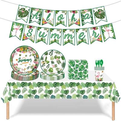 Hawaiian Flamingo Palm Leaf Disposable Tableware Set Plates Cups Decor