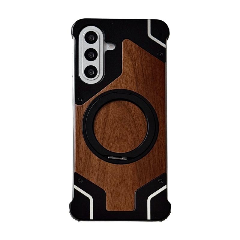 Walnut Wood Metal Borderless Armor Phone Case For Samsung Galaxy A57/A56 360 Rotating Magnetic Bracket Shockproof Cover