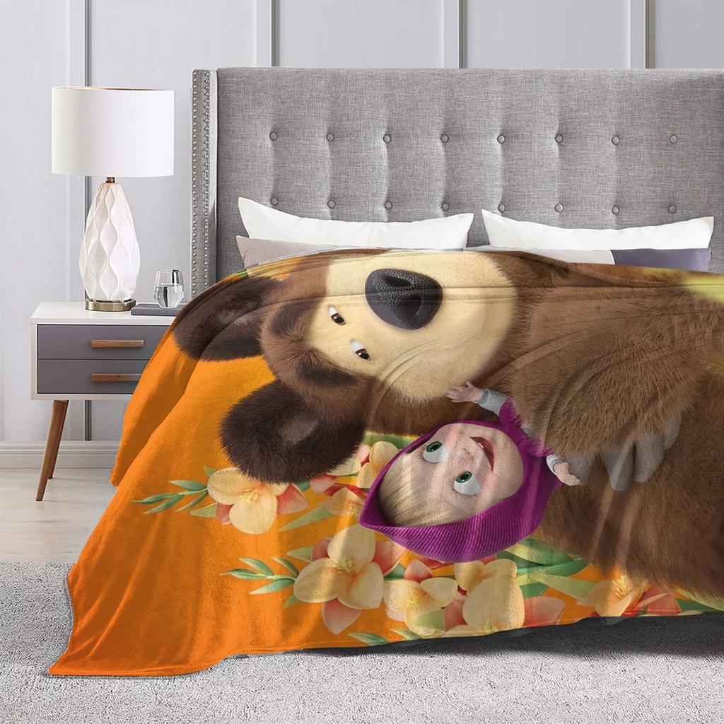 Morbida Coperta da Viaggio Cartone Animato M-Masha e Orso Coperta Plaid Flanella Copriletto per Arredamento Casa Motivo Copri Divano Letto