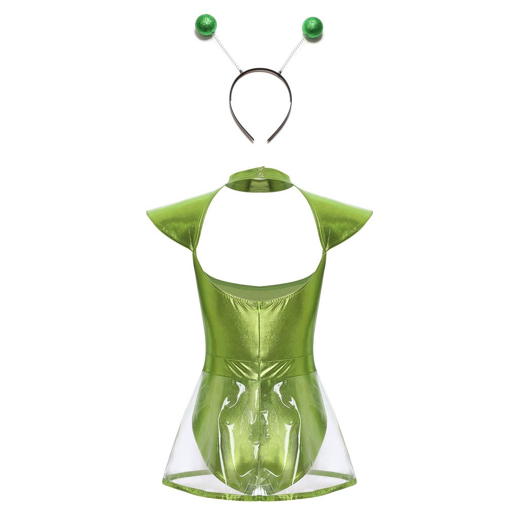 Dámský kostým s mimozemskou tématikou Design s volánovými rukávy Vykrojené kalhotky PVC sukně Jednodílné body Čelenka do vlasů