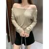 One-sided waisted pleated one-line collar long-sleeved T-shirt for women in autumn with sloping shoulders and irregular design pure lust hot girl top