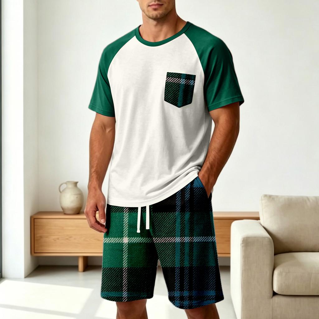 Men's Casual Pajama Set Soft Comfortable Two Piece Lounge Wear Short Sleeve Top and Plaid Shorts Sleepwear Set for Home Relaxation