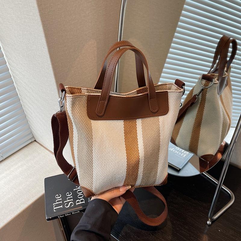 Large-capacity Contrasting Striped Canvas Bag, Women's 2025 Summer New Fashion and Leisure, Foreign Style Messenger Bucket Bag