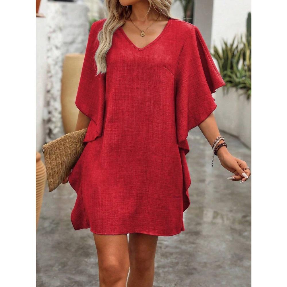 Letní dámské jednobarevné volné volánkové šaty s výstřihem do V a módním límcem