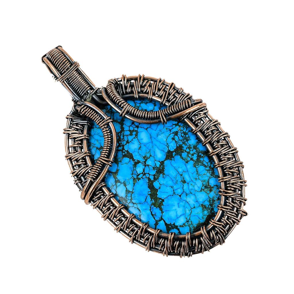 Tibetan Turquoise Pendant, 999 Copper Wire Wrapped Gemstone Jewelry, Handmade Pendant, For Thanksgiving