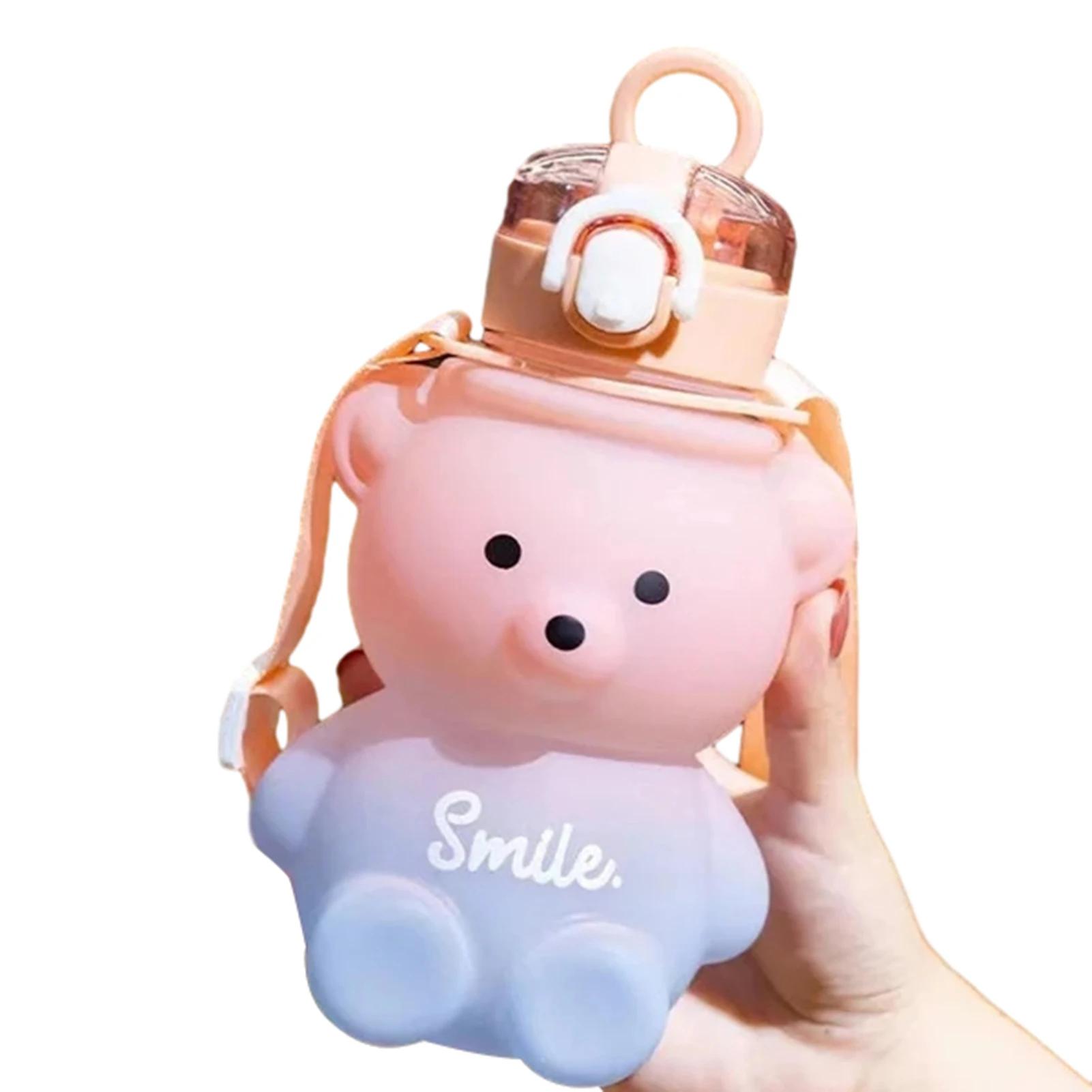 Botella de agua con pajita kawaii de 800 ml con cuerda, portátil, con degradado de oso, de gran capacidad, a prueba de fugas, para niñas y niños. 800ml white
