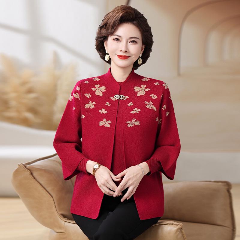 2025 Mom's Spring & Autumn Knit Two-Piece Set for Middle-Aged & Elderly Women - Sweater & Cardigan Coat