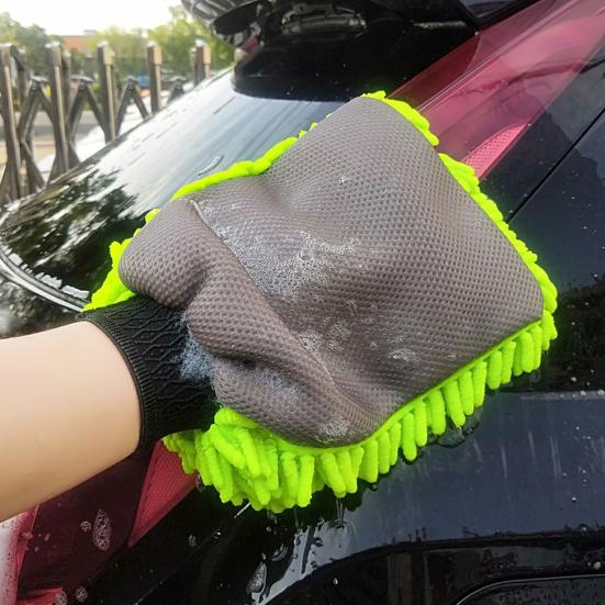 Breathable Mesh Cleaning Gloves Chenille Microfiber Car Wash Mitts with Elastic Cuffs, Scratch-Free Detailing Gloves, Double High Foam