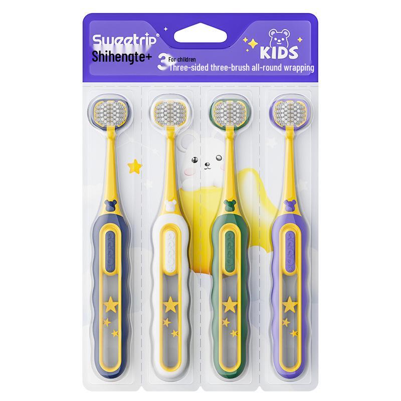 Popular Kids' Soft Bristle Three-Sided Toothbrush, Ages 3-12, Adorable Cartoon Giraffe Design