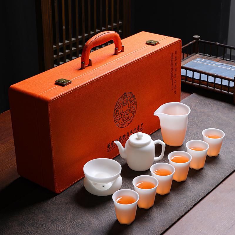 High-end Vegetarian-fired Suet Jade Porcelain Ice-type Kung Fu Tea Set, Household Gifts for Customers, High-end Business Gift Set