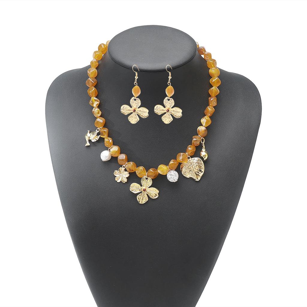 N11811 Bohemian Acrylic Beaded Necklace Metal Flower Pendant Earrings Jewelry Set Women