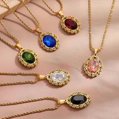 Mode Européenne & Américaine Exquis Collier en Acier Titane avec Zircon Coloré & Pendentif Géométrique pour Femmes